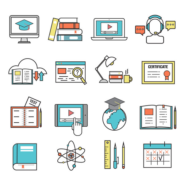 Online education ouitline icons vector set of distance school and webinar symbols.