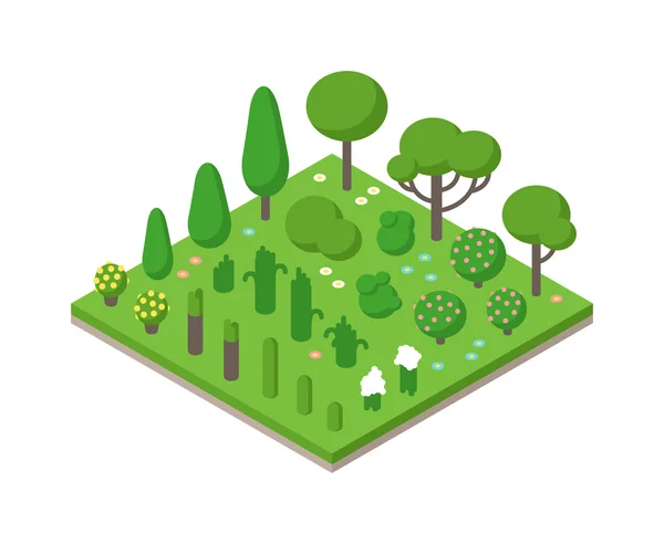Vetor isométrico árvore verde definida no campo ilustração de fundo . — Vetor de Stock