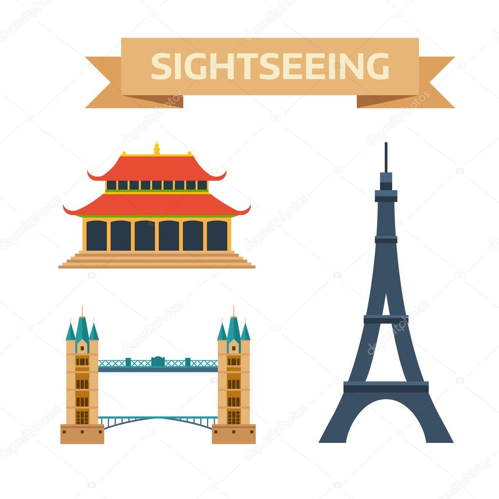 Sightseeing eiffel tower Paris, London bridge, China summer imperial palace traditional history landmark vector.