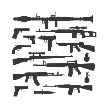 Weapon collection different military automatic gun shot machines silhouette police bullet vector. clipart