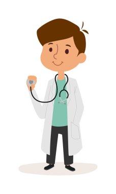 Doktor çizgi film karakter vektörü oynayan sevimli gülümseyen çocuğun tam uzunlukta portre.