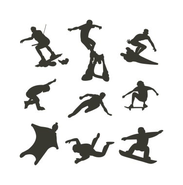 Vektör çizim atlama ve tırmanma erkekler aşırı sporcular siluetleri.