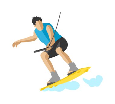 Eylem yaz eğlenceli hobi açık su sporları karakter vektör adam wakeboarding.