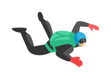 Skydiver adam paraşütçü ön planda ekstrem spor özgürlük kavramı düz karakter vektör.
