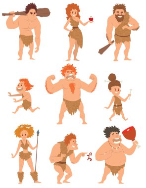 Caveman ilkel insanlar karikatür eylem neandertal evrim vektör.