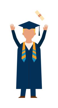 Mutlu mezuniyet insanlar üniforma kapaklar vektör atma.