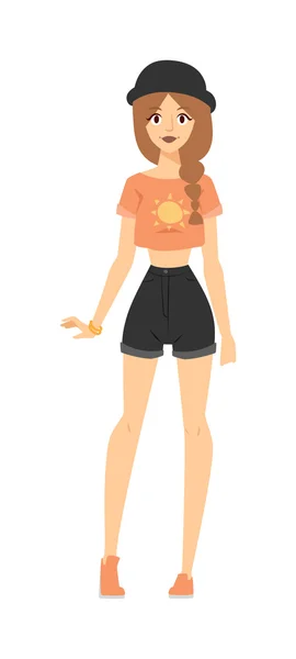 Retrato de moda de modelo posando al aire libre en pantalones cortos, camiseta y sombrero elegante traje de verano vector . — Vector de stock