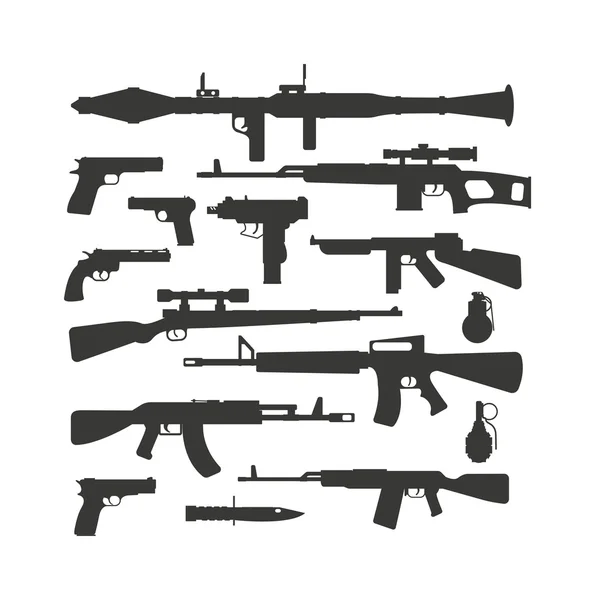 Coleta de armas diferentes militares tiro automático máquinas silhueta policial bala vetor . —  Vetores de Stock