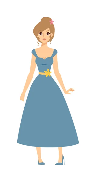 全身 年轻 金发 顶 模型 女人 在 蓝色 礼服 姿势 和 风格 鞋 卡通 矢量. — 图库矢量图片