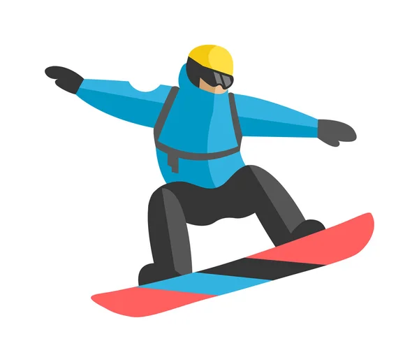 Freestyle snowboarder saltar desde la cima del pico cubierto de montaña nubes vector . — Vector de stock