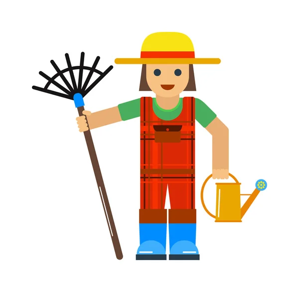 Gardener man worker with sprinkle and rake manual grass yard equipment vector illustration. — Stock Vector