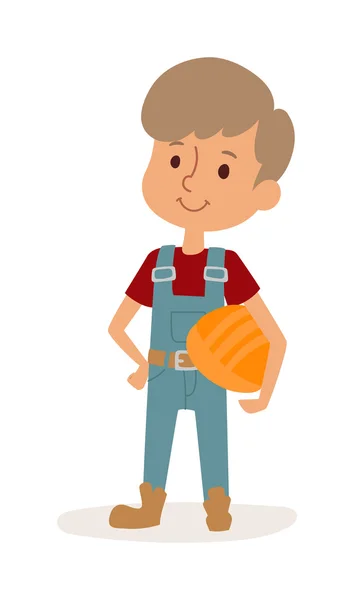 Little cartoon builder boy in uniform with tools helmet vector. — Stock Vector