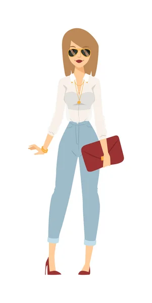 Krásná žena s kabelkami a módními brýlemi kreslené postavy. — Stockový vektor