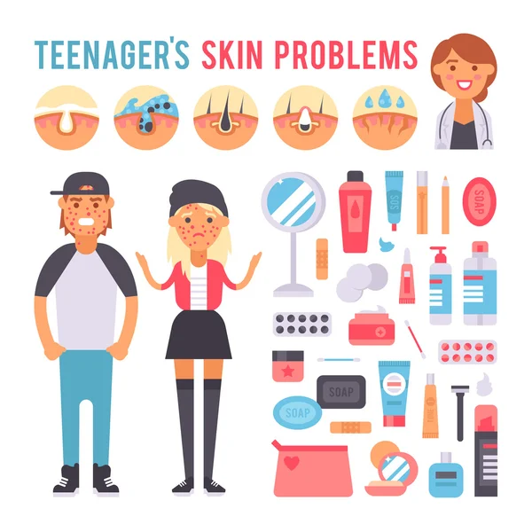 Soins du visage adolescents défauts problèmes de peau éléments infographiques vecteur . — Image vectorielle