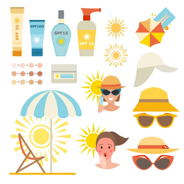 Skin sun protection cancer body prevention infographic vector icons — Stock Vector