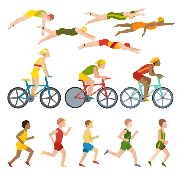 Triathlon athletes design stylized symbolizing competition race athlete man character vector. — Stock Vector