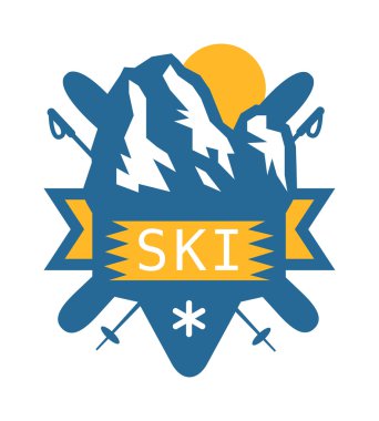 Vektör vahşi doğa ve doğa keşif açık vintage amblemler dağlar, güneş, kayak direkleri siluetleri elemanları.