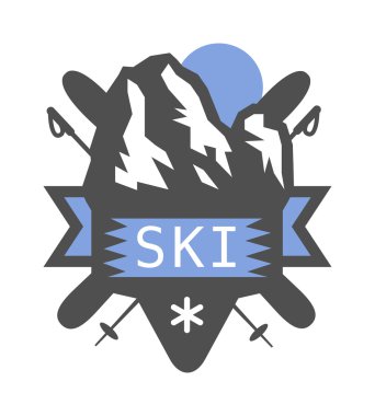 Vektör vahşi doğa ve doğa keşif açık vintage amblemler dağlar, güneş, kayak direkleri siluetleri elemanları.