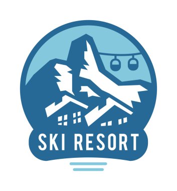 Vektör vahşi doğa ve doğa keşif açık vintage amblemler dağlar, güneş, kayak direkleri siluetleri elemanları.