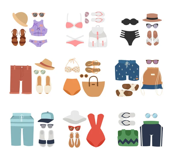 Vestuário de praia moda viagens diferentes ícones de verão vetor plana . —  Vetores de Stock