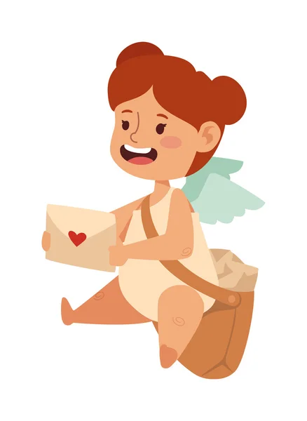Cartoon postman angel girl holding mail heart and bag vector. — Stock Vector