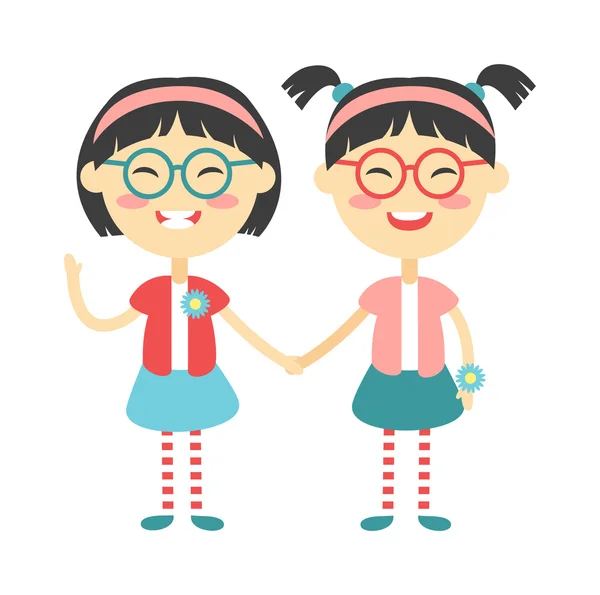 Twins happy kids holding hands boy and girl vector illustration. — Stock Vector