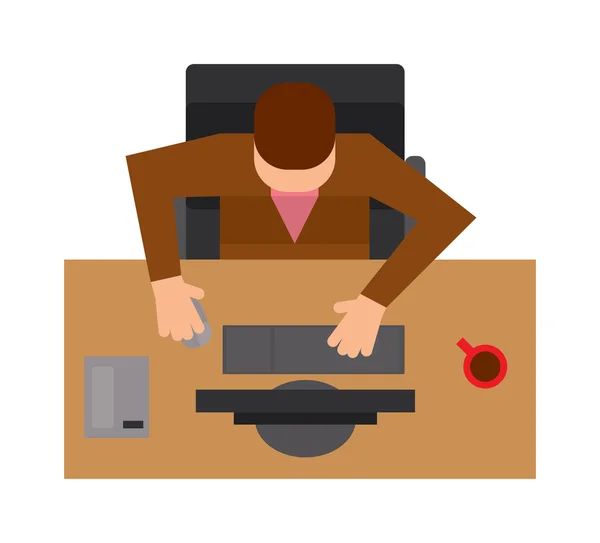 Workplace office with man top view flat vector illustration. — ストックベクタ