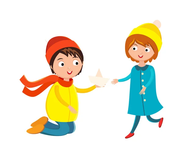 Little boy flower and girl cute children waving hand cartoon character vector. — Stock vektor