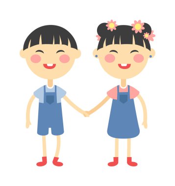 Twins happy kids holding hands boy and girl vector illustration.
