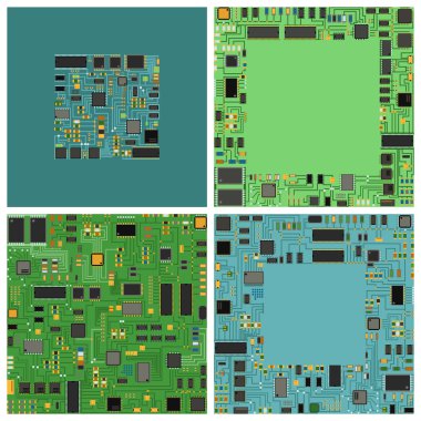 İşlemci düz vektör illüstrasyon seti ile bilgisayar çipi elektronik devre kartı.