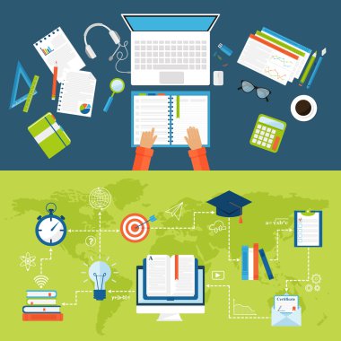 Work place group business people working office desk top view concept vector.