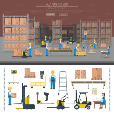 Warehouse worker taking package in shelf logistic industry flat vector banners.