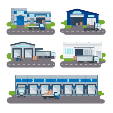Lojistik toplama depo dağıtım merkezi, yükleme kamyonları, forkliftler işçi vektör.