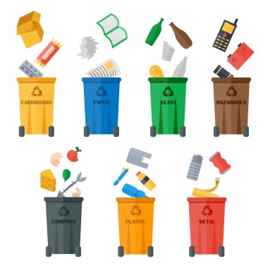 Colored garbage cans with waste types vector. clipart