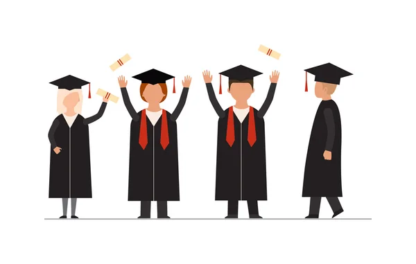 Happy graduation people uniform throwing caps vector. — Stock Vector