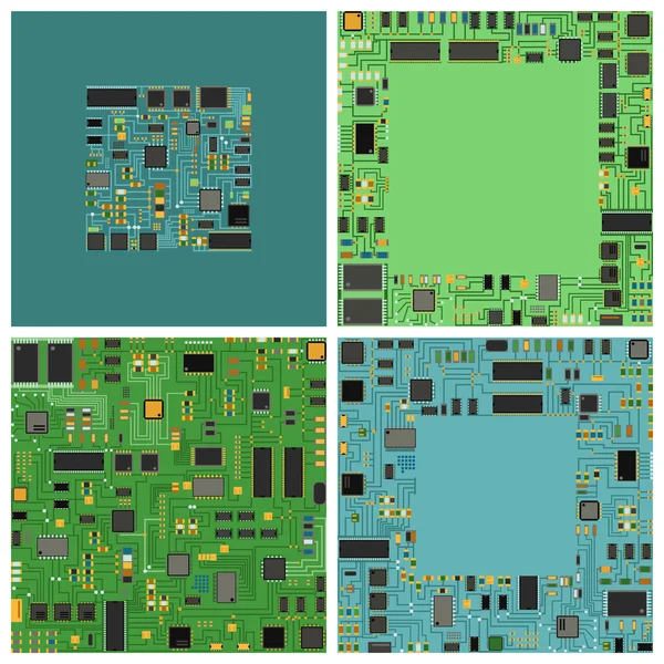 Datorchip elektroniskt kretskort med processor platt vektor illustration set. — Stock vektor