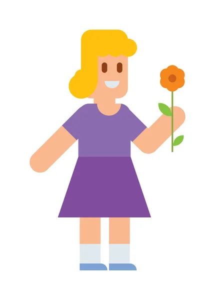 Маленька блондинка мила дівчинка в сукні з барвистим квітковим мультиплікаційним персонажем вектор . — стоковий вектор