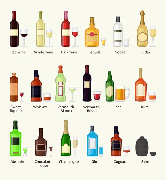 Σύνολο διαφορετικών αλκοόλ ποτό μπουκάλι και γυαλιά διανυσματικά εικονογράφηση. — Διανυσματικό Αρχείο