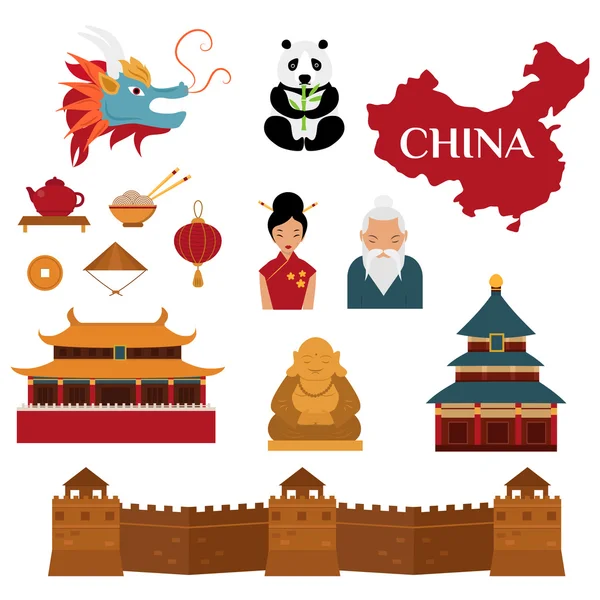 Kinesiska traditionell kultur lyktor och objekt vektor illustration. — Stock vektor