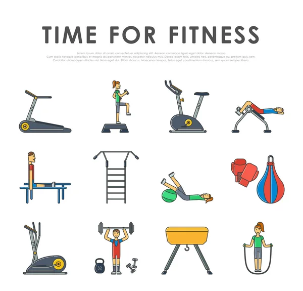 Fitness deporte gimnasio equipo de ejercicio entrenamiento conjunto plano concepto vector ilustración . — Archivo Imágenes Vectoriales