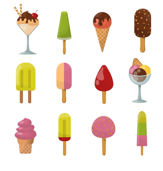 Conjunto de desenhos animados de gelo sobremesas de creme coloridas ilustrações vetoriais . —  Vetores de Stock