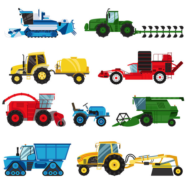 Equipment farm for agriculture machinery combine harvester vector.