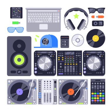 Vektör çeşitli stilize dj müzik ekipmanları simge gece kulübü karıştırma turntable ses disk kontrolü ayarlayın.