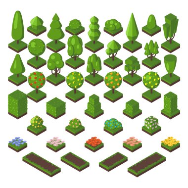 Isometric tree set green forest nature vector illustration.