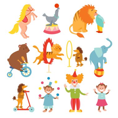 Cute circus animals and funny clowns collection vector illustration. clipart