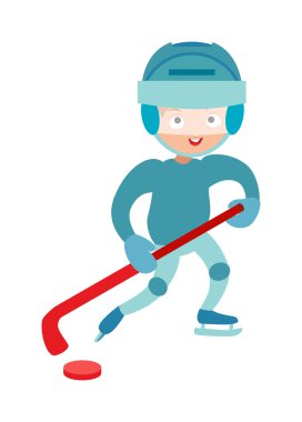 Hokey oyuncusu çocuk sevimli oldukça sert güvenen erkek kış sporu karakter vektörü gülümseyen.