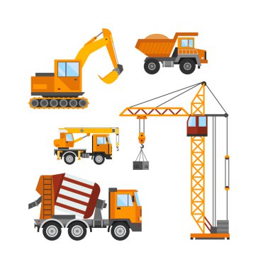 Building under construction, workers and construction technic vector illustration