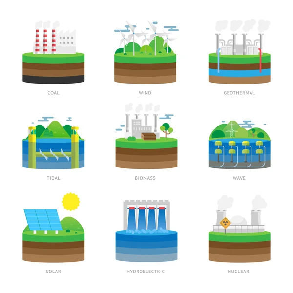 Alternatív energia forrás villamosenergia-erőforrás öko-készlet vektor illusztráció. — Stock Vector