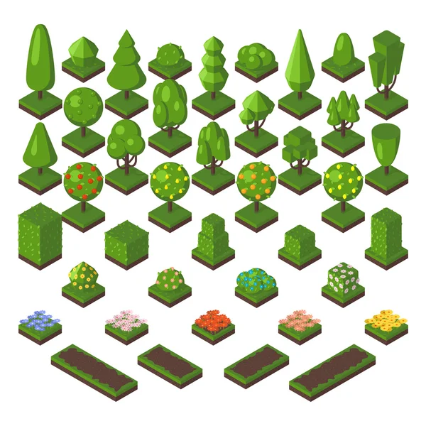 Isometric tree set green forest nature vector illustration. — Stock Vector