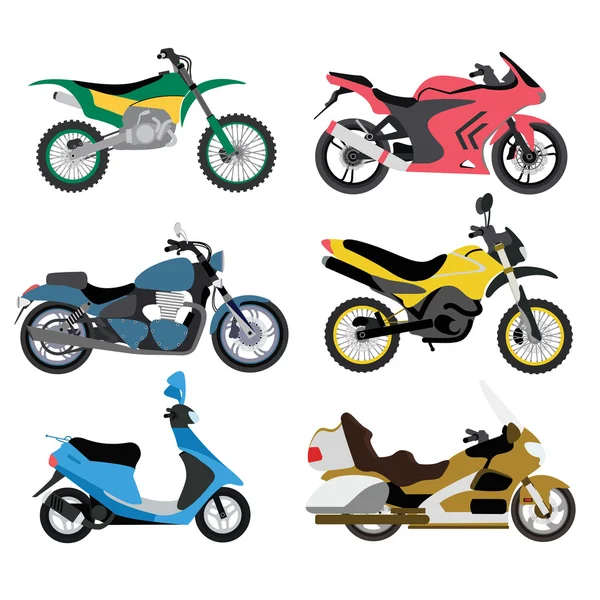 Motocicleta tipos multicolor moto paseo velocidad deporte transporte vector ilustración . — Archivo Imágenes Vectoriales